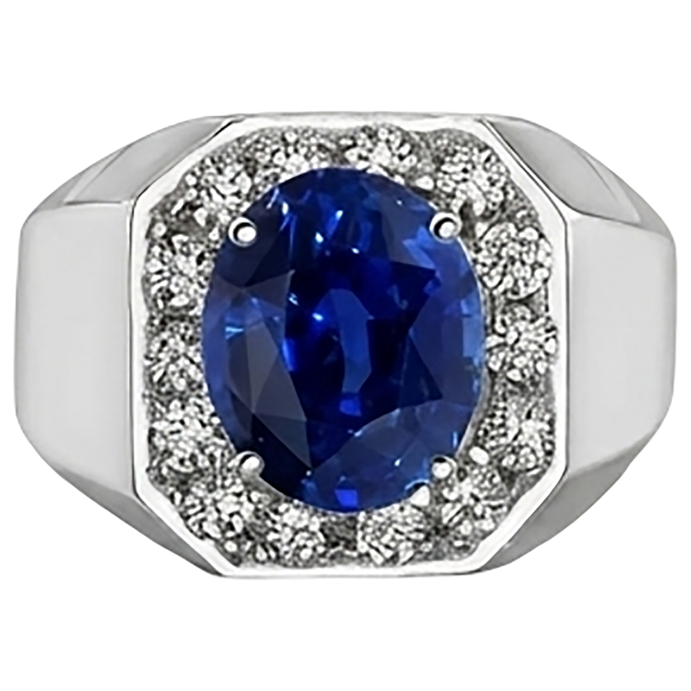 Round Natural Earth Mined Diamond Halo Oval Sapphire Ring Gold Men's Jewelry 3.50 Carats
