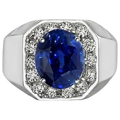 Round Natural Earth Mined Diamond Halo Oval Sapphire Ring Gold Men's Jewelry 3.50 Carats