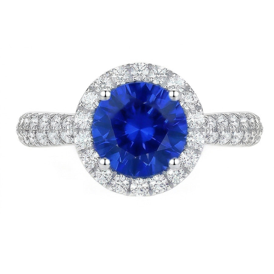 Round Natural Earth Mined Diamond Halo Ring Ceylon Sapphire Double Pave Accents 3 Carats