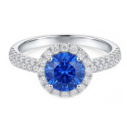 Round Natural Earth Mined Diamond Halo Ring Ceylon Sapphire Double Pave Accents 3 Carats