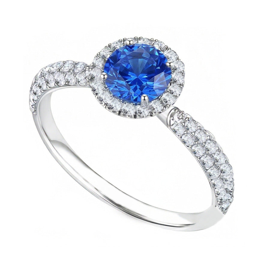 Round Natural Earth Mined Diamond Halo Ring Ceylon Sapphire Double Pave Accents 3 Carats