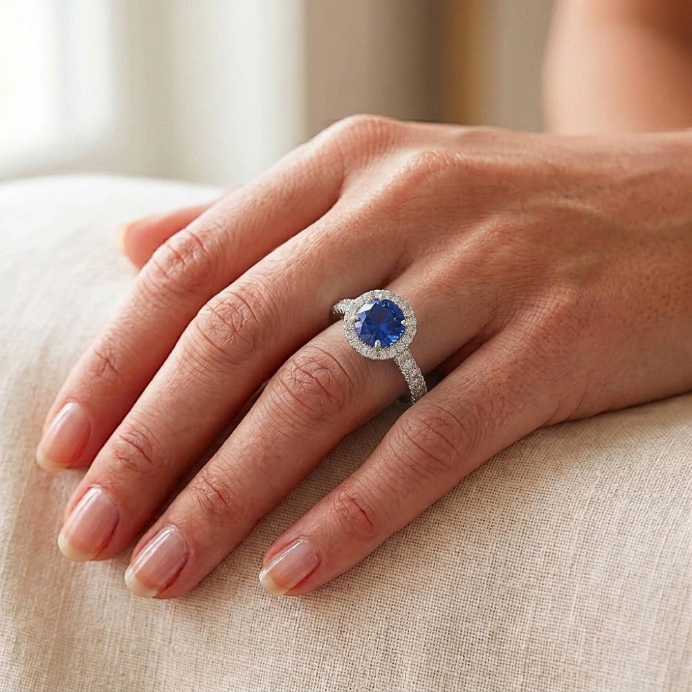 Round Natural Earth Mined Diamond Halo Ring Ceylon Sapphire Double Pave Accents 3 Carats