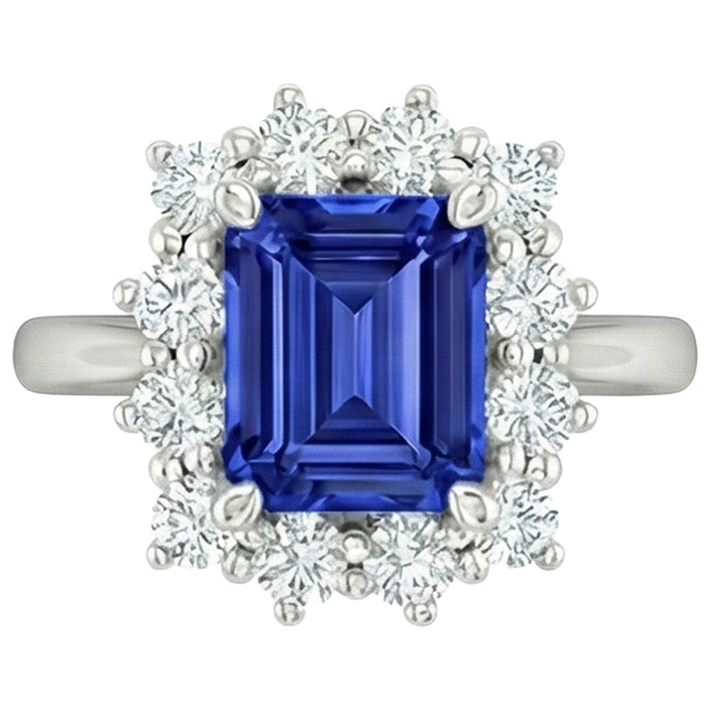 Round Natural Earth Mined Diamond Halo Ring Flower Style Emerald Blue Sapphire 4.50 Carats