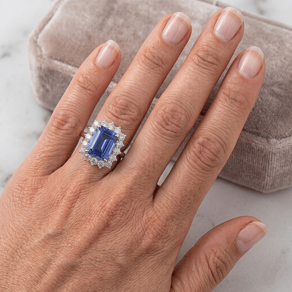 Round Natural Earth Mined Diamond Halo Ring Flower Style Emerald Blue Sapphire 4.50 Carats
