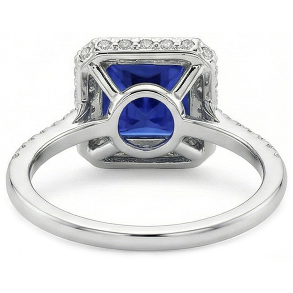 Round Natural Earth Mined Diamond Halo Ring With Princess Cut Blue Sapphire Center 6 Carat