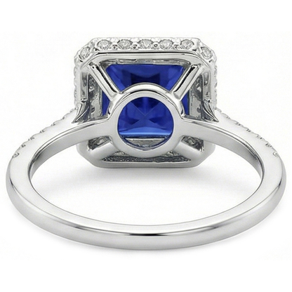 Round Natural Earth Mined Diamond Halo Ring With Princess Cut Blue Sapphire Center 6 Carat