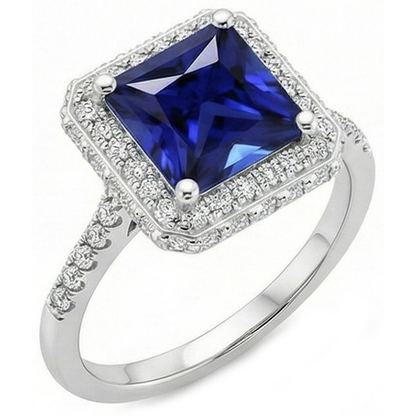 Round Natural Earth Mined Diamond Halo Ring With Princess Cut Blue Sapphire Center 6 Carat