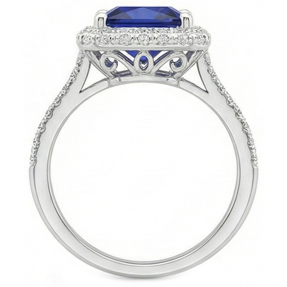 Round Natural Earth Mined Diamond Halo Ring With Princess Cut Blue Sapphire Center 6 Carat