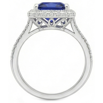 Round Natural Earth Mined Diamond Halo Ring With Princess Cut Blue Sapphire Center 6 Carat