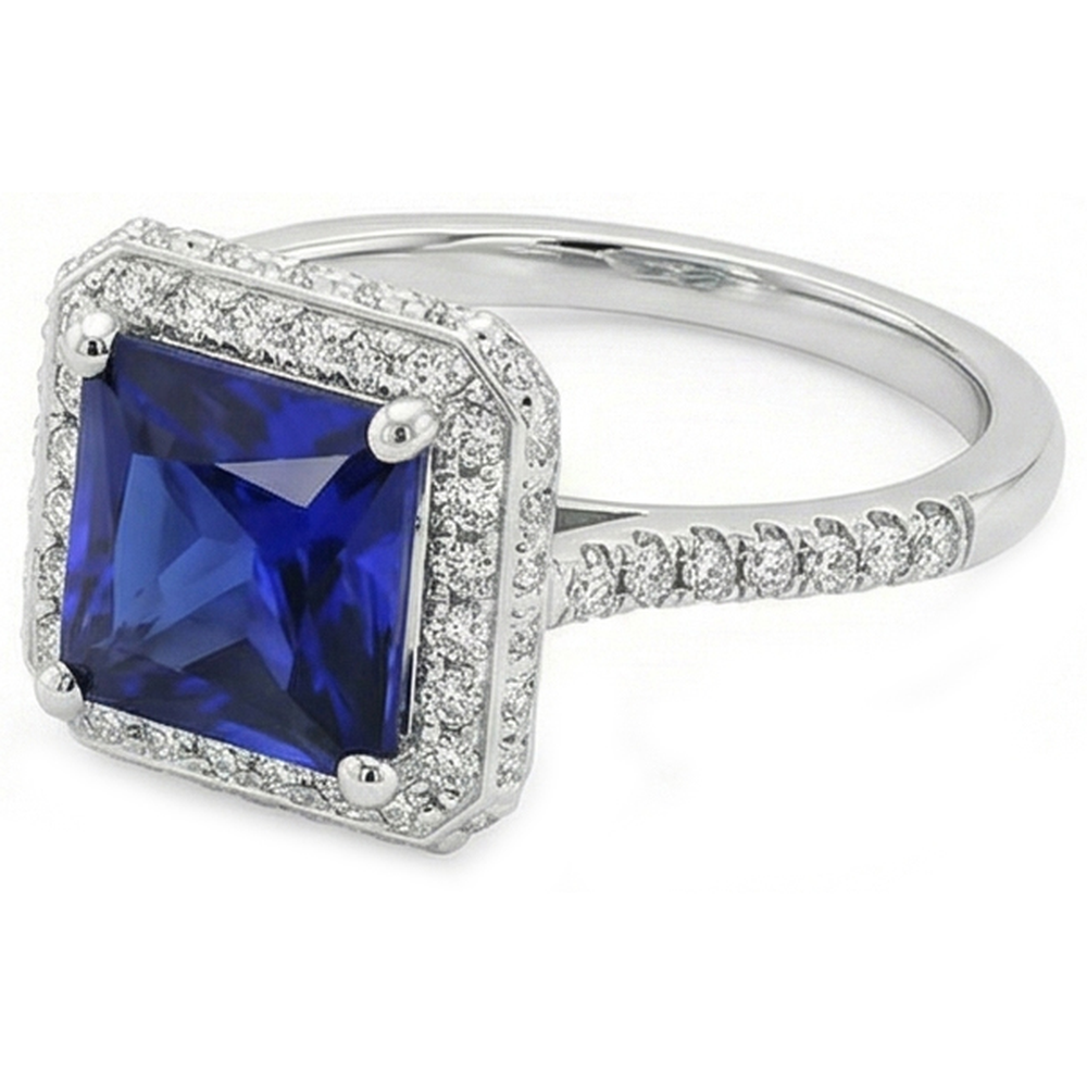 Round Natural Earth Mined Diamond Halo Ring With Princess Cut Blue Sapphire Center 6 Carat
