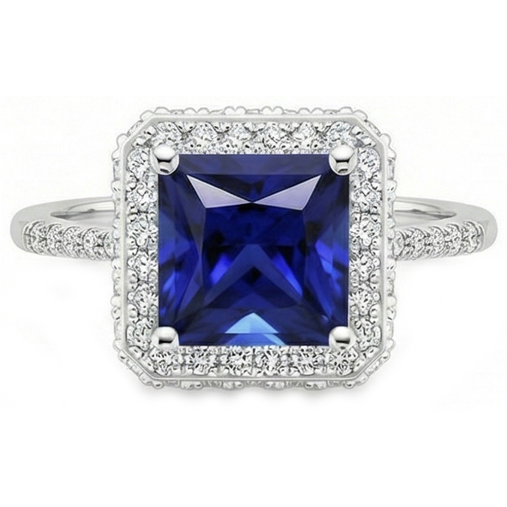 Round Natural Earth Mined Diamond Halo Ring With Princess Cut Blue Sapphire Center 6 Carat