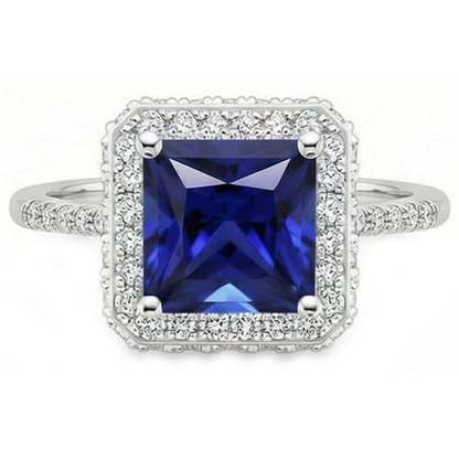 Round Natural Earth Mined Diamond Halo Ring With Princess Cut Blue Sapphire Center 6 Carat