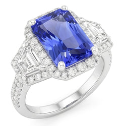 Round Natural Earth Mined Diamond Halo Sapphire Ring 4 Carats Baguette & Emerald Accents