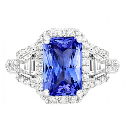 Round Natural Earth Mined Diamond Halo Sapphire Ring 4 Carats Baguette & Emerald Accents