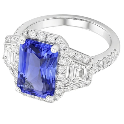 Round Natural Earth Mined Diamond Halo Sapphire Ring 4 Carats Baguette & Emerald Accents