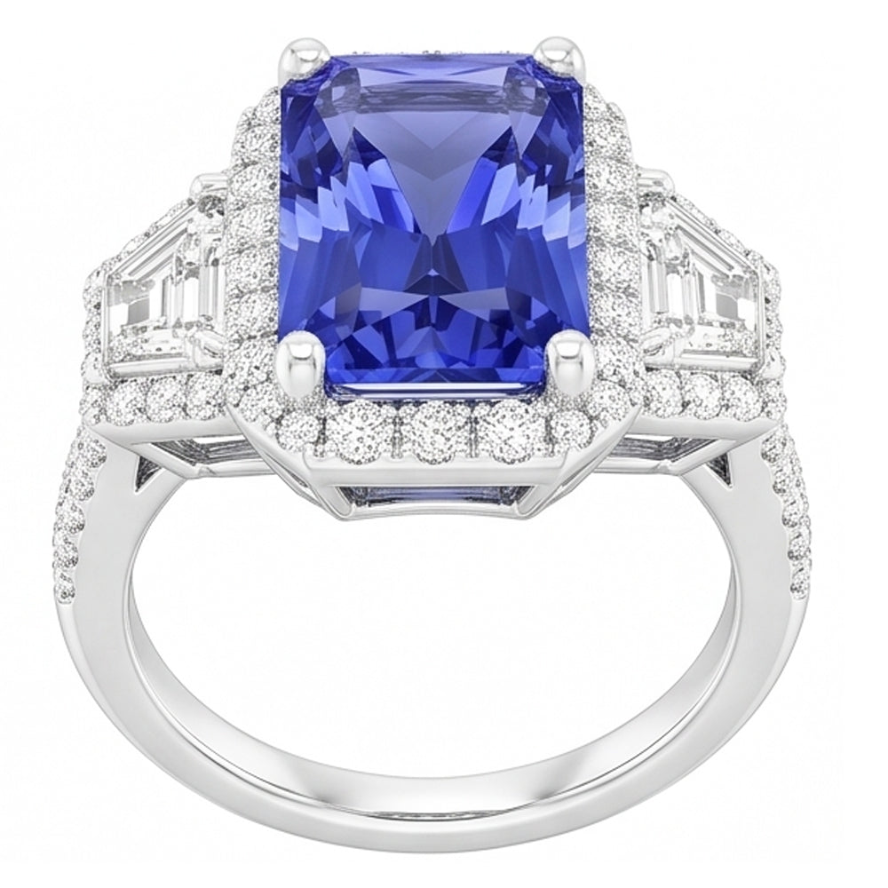 Round Natural Earth Mined Diamond Halo Sapphire Ring 4 Carats Baguette & Emerald Accents