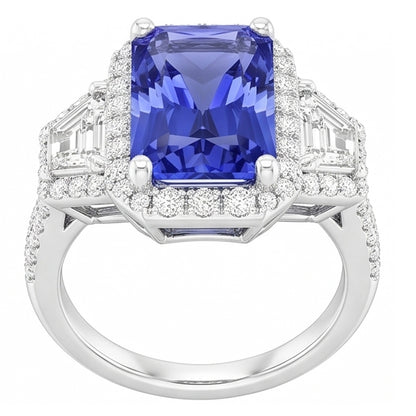 Round Natural Earth Mined Diamond Halo Sapphire Ring 4 Carats Baguette & Emerald Accents