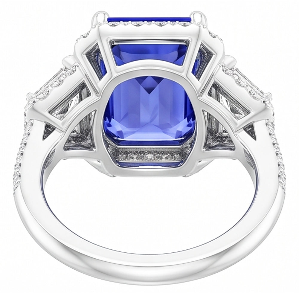 Round Natural Earth Mined Diamond Halo Sapphire Ring 4 Carats Baguette & Emerald Accents