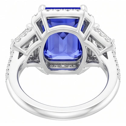 Round Natural Earth Mined Diamond Halo Sapphire Ring 4 Carats Baguette & Emerald Accents