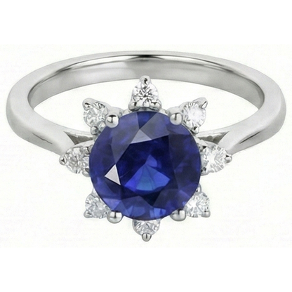 Round Natural Earth Mined Diamond Halo Star Style Blue Sapphire Ring 3 Carats White Gold