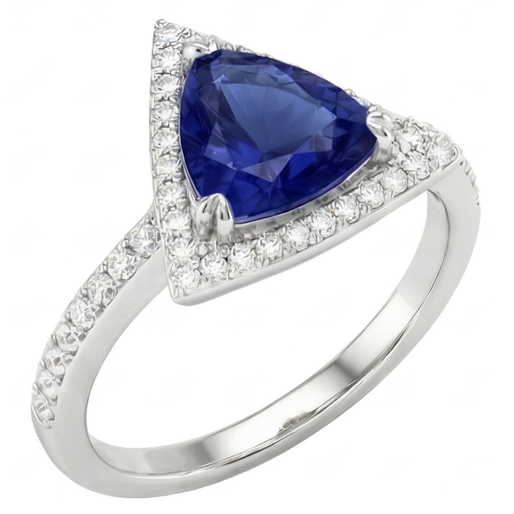 Round Natural Earth Mined Diamond Halo Trillion Sapphire Ring 1.50 Carats Ladies Jewelry