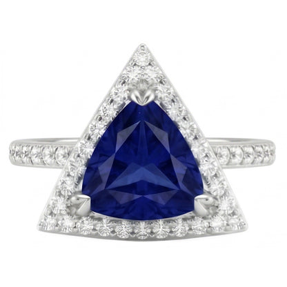Round Natural Earth Mined Diamond Halo Trillion Sapphire Ring 1.50 Carats Ladies Jewelry
