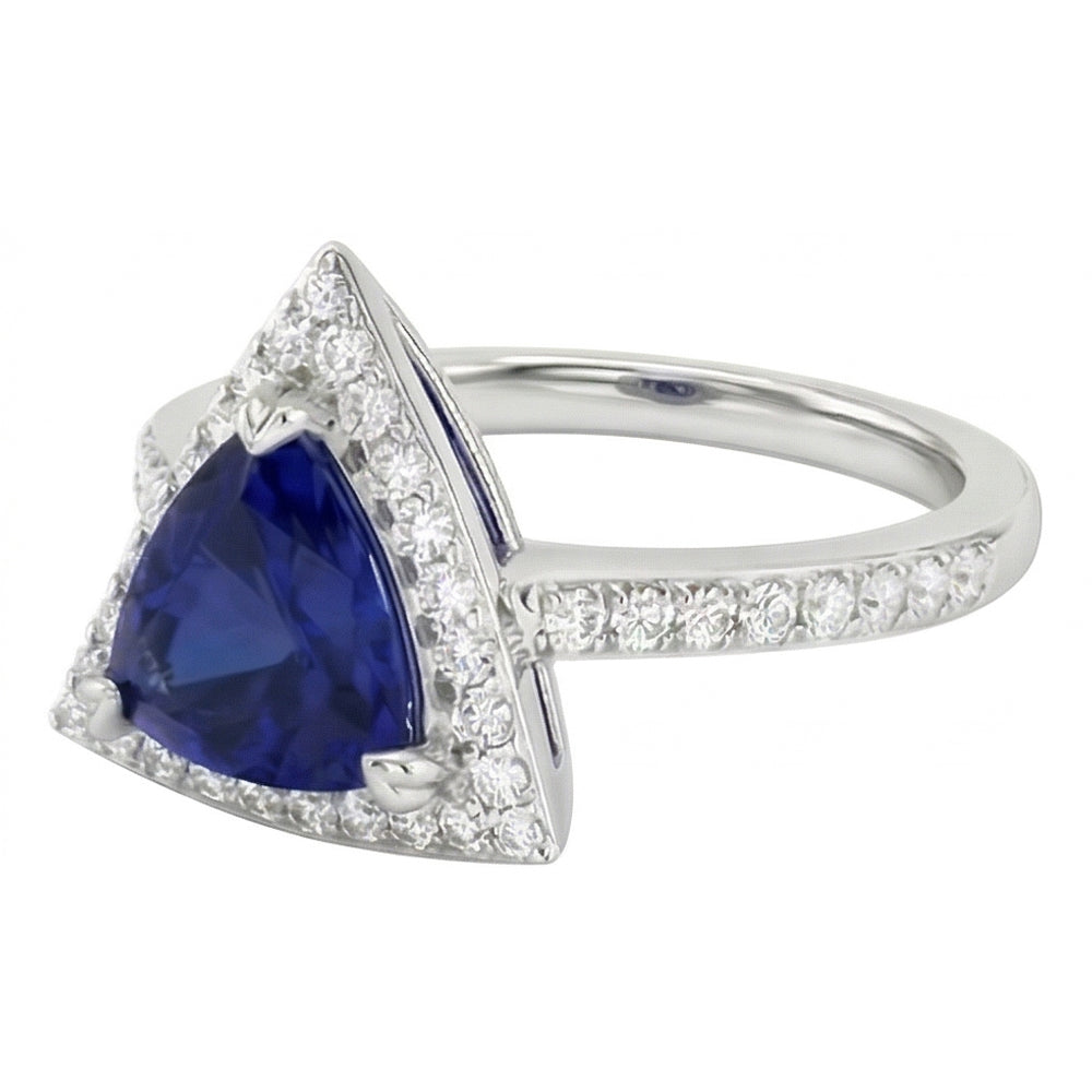 Round Natural Earth Mined Diamond Halo Trillion Sapphire Ring 1.50 Carats Ladies Jewelry