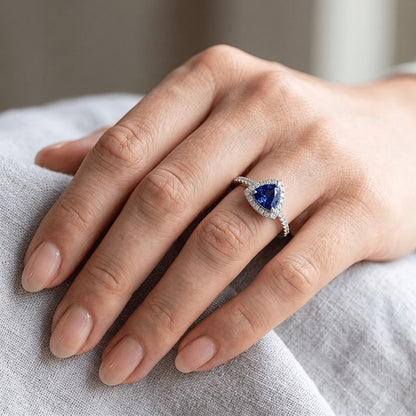 Round Natural Earth Mined Diamond Halo Trillion Sapphire Ring 1.50 Carats Ladies Jewelry