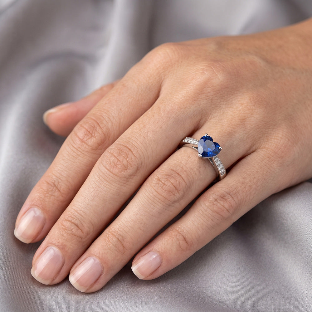 Round Natural Earth Mined Diamond Heart Gemstone Ring Blue Sapphire 2 Carats