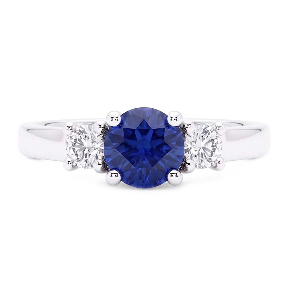 Round Natural Earth Mined Diamond Jewelry 3 Stone Ceylon Sapphire Ring Gold 1.50 Carats