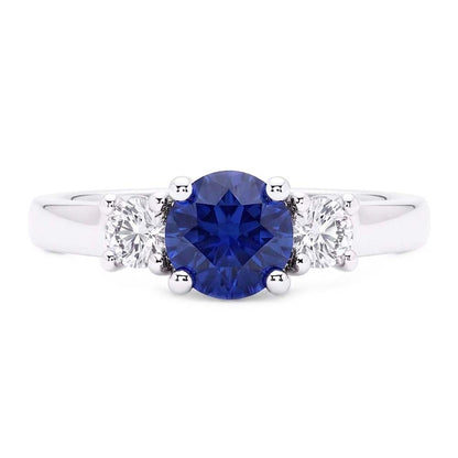 Round Natural Earth Mined Diamond Jewelry 3 Stone Ceylon Sapphire Ring Gold 1.50 Carats