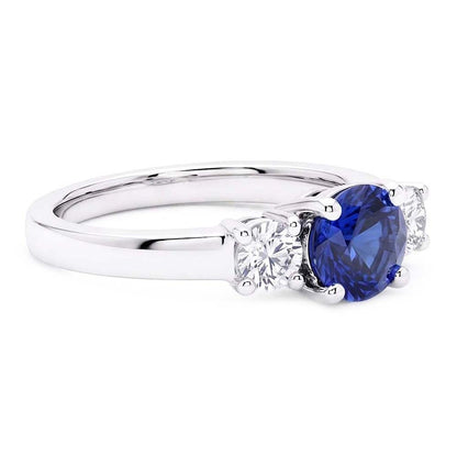 Round Natural Earth Mined Diamond Jewelry 3 Stone Ceylon Sapphire Ring Gold 1.50 Carats