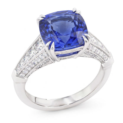 Round Natural Earth Mined Diamond Jewelry Cushion Ceylon Sapphire 3.50 Carats Gold