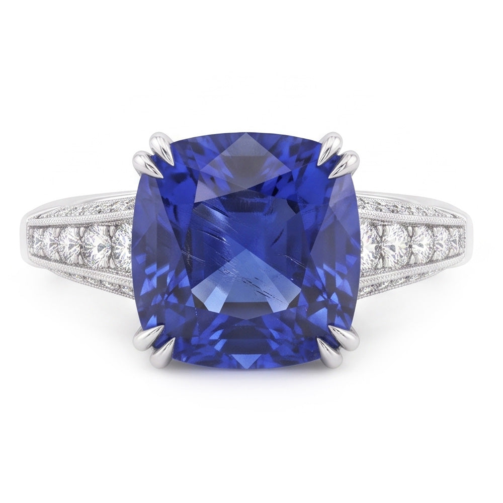 Round Natural Earth Mined Diamond Jewelry Cushion Ceylon Sapphire 3.50 Carats Gold