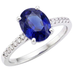 Round Natural Earth Mined Diamond Pave Set Ring Oval Cut Sri Lankan Sapphire 5 Carats