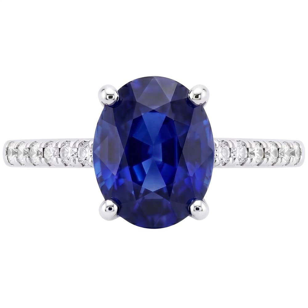 Round Natural Earth Mined Diamond Pave Set Ring Oval Cut Sri Lankan Sapphire 5 Carats