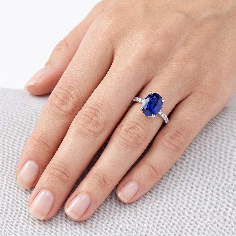 Round Natural Earth Mined Diamond Pave Set Ring Oval Cut Sri Lankan Sapphire 5 Carats