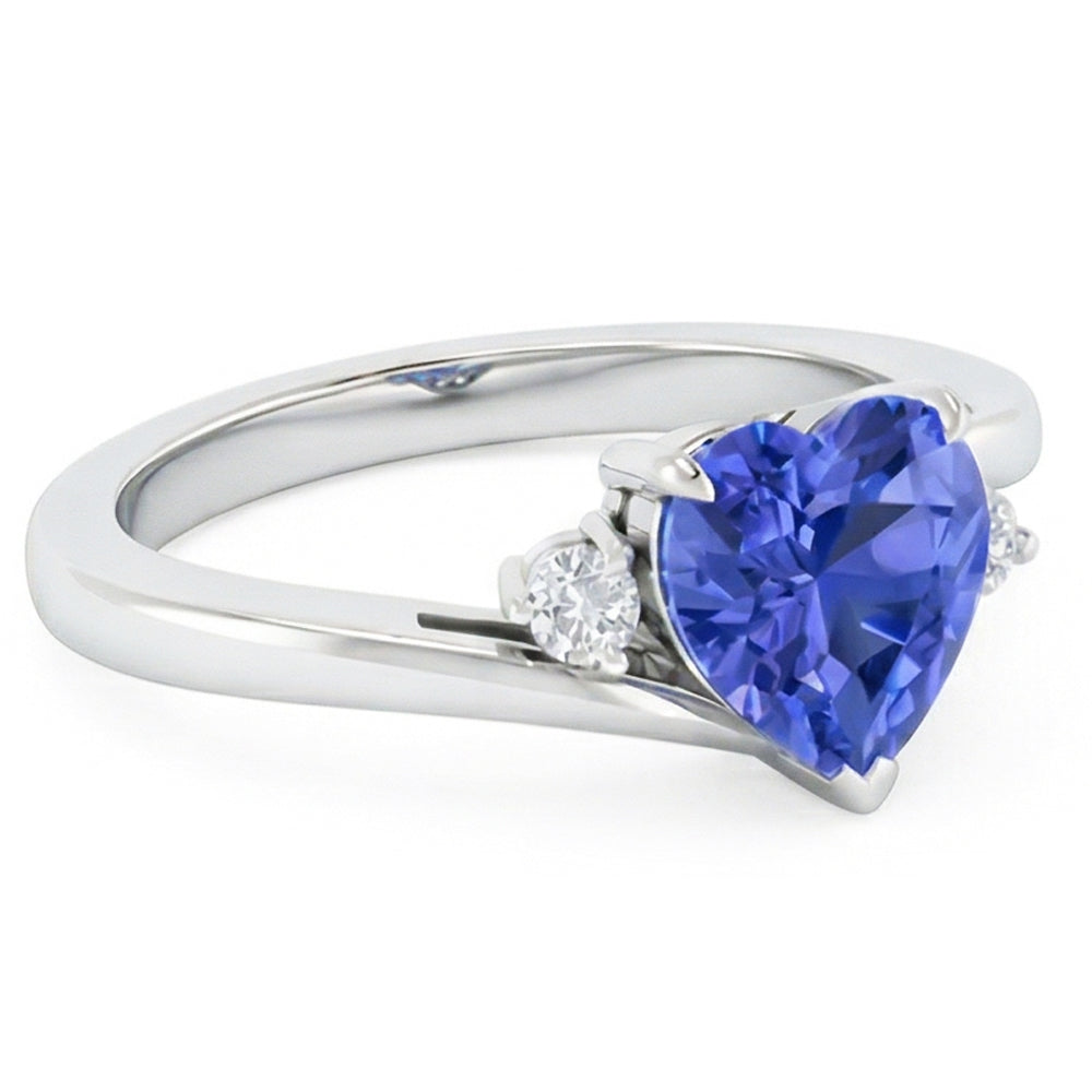 Round Natural Earth Mined Diamond Ring 3 Stone Heart Ceylon Sapphire Jewelry 2.25 Carats