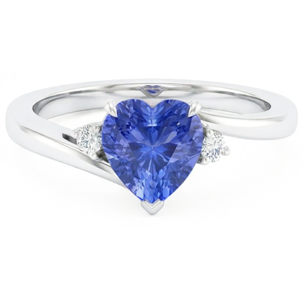 Round Natural Earth Mined Diamond Ring 3 Stone Heart Ceylon Sapphire Jewelry 2.25 Carats