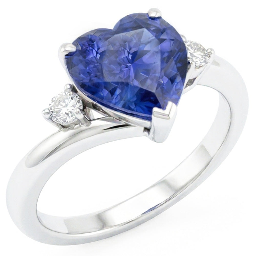 Round Natural Earth Mined Diamond Ring 3 Stone Heart Ceylon Sapphire Jewelry 2.25 Carats