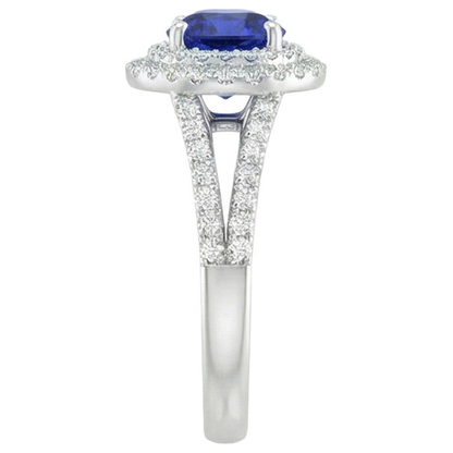 Round Natural Earth Mined Diamond Ring Halo Blue Sapphire 3.50 Carats New Gemstone Gold
