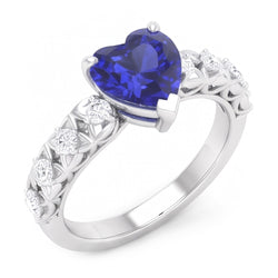 Round Natural Earth Mined Diamond Ring Heart Cut Sri Lankan Sapphire 2 Carats With Accents