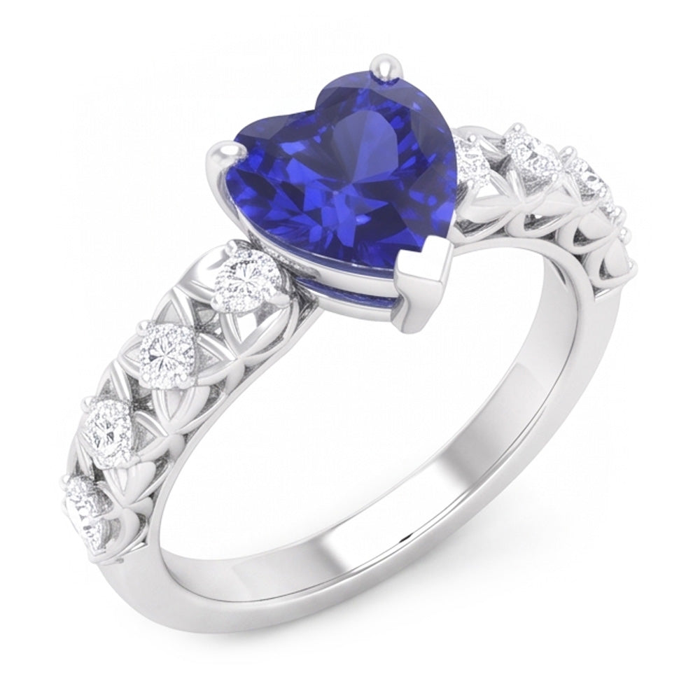 Round Natural Earth Mined Diamond Ring Heart Cut Sri Lankan Sapphire 2 Carats With Accents