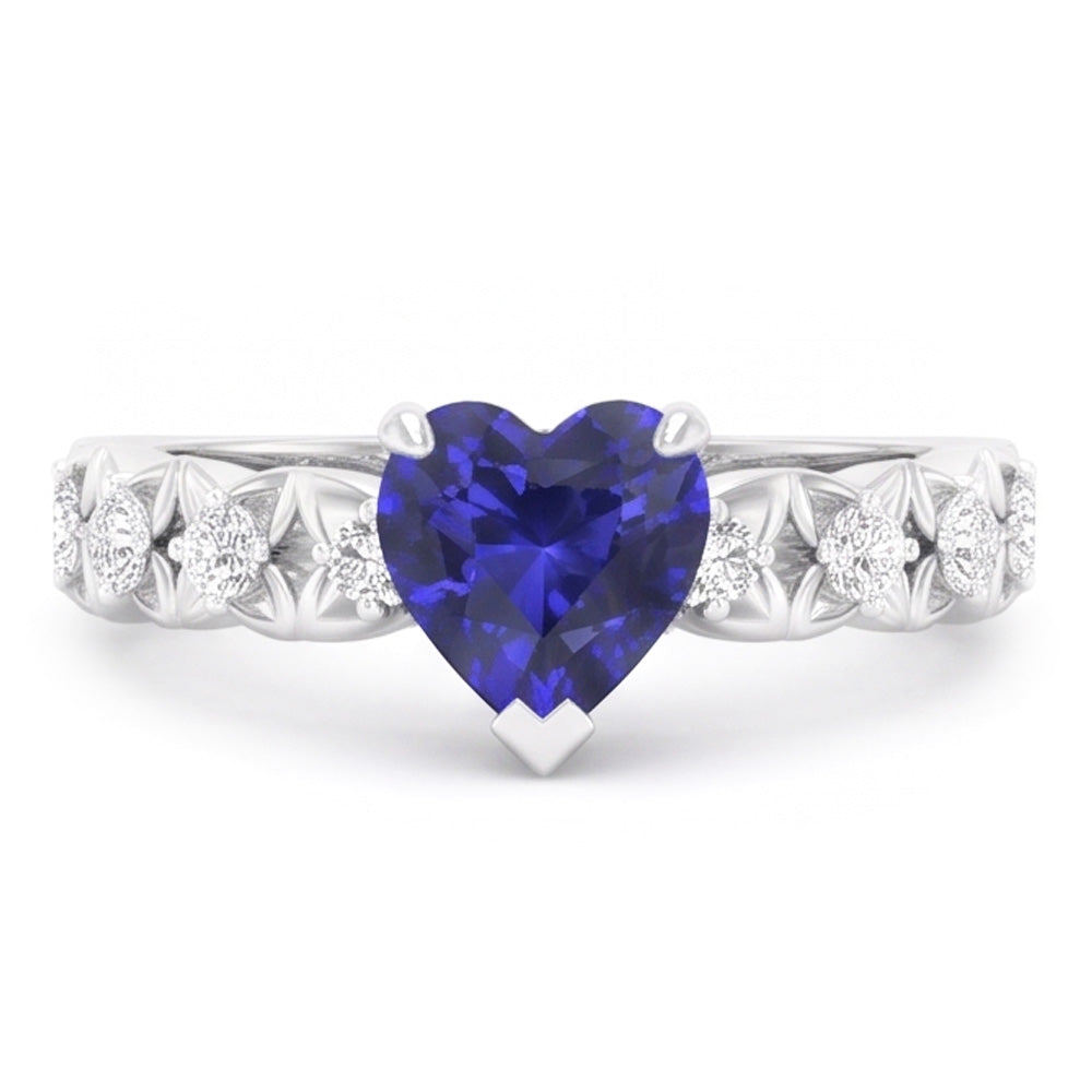 Round Natural Earth Mined Diamond Ring Heart Cut Sri Lankan Sapphire 2 Carats With Accents