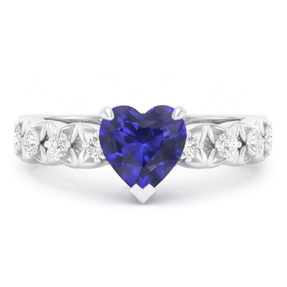 Round Natural Earth Mined Diamond Ring Heart Cut Sri Lankan Sapphire 2 Carats With Accents