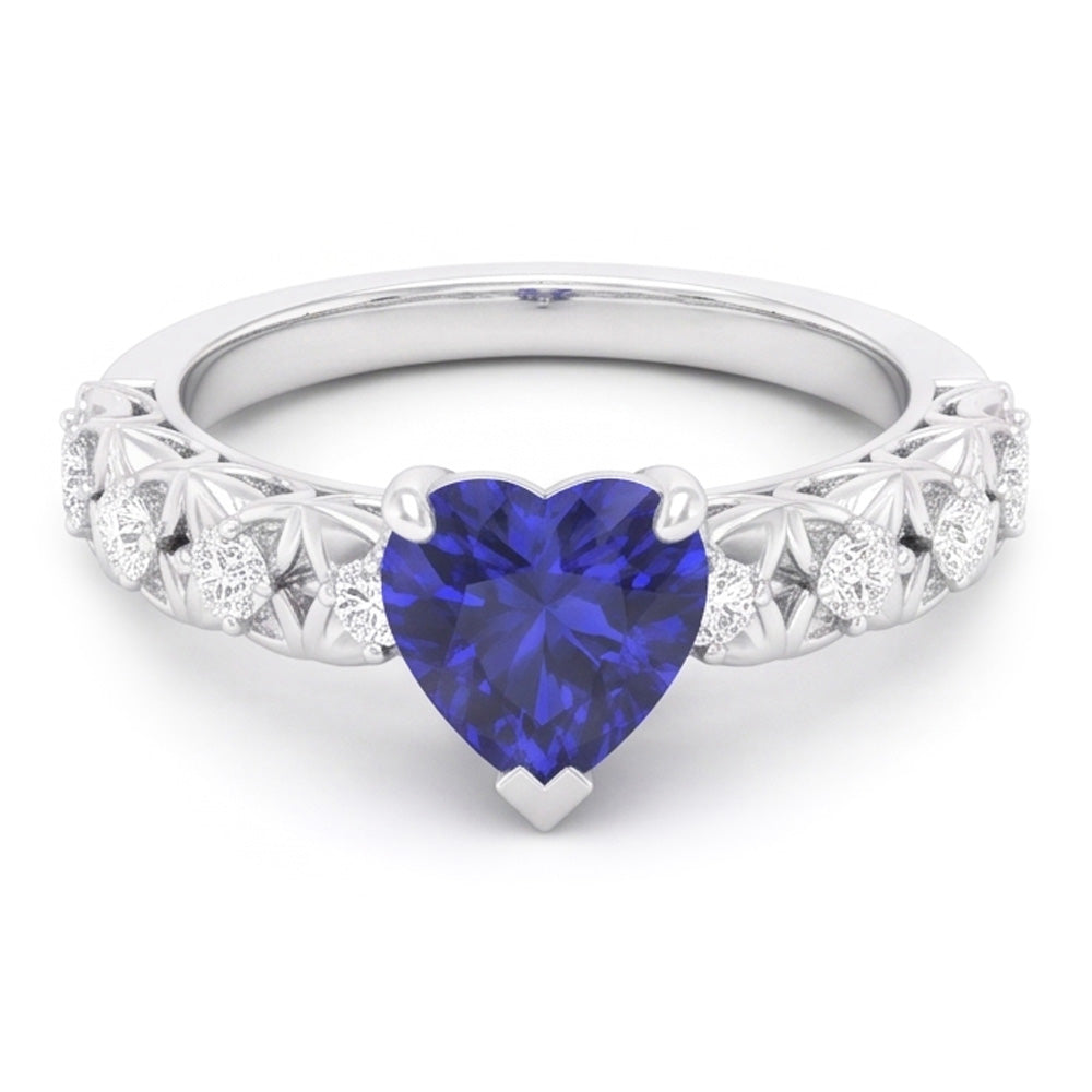 Round Natural Earth Mined Diamond Ring Heart Cut Sri Lankan Sapphire 2 Carats With Accents