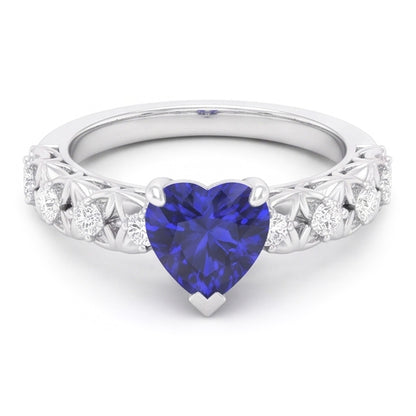 Round Natural Earth Mined Diamond Ring Heart Cut Sri Lankan Sapphire 2 Carats With Accents