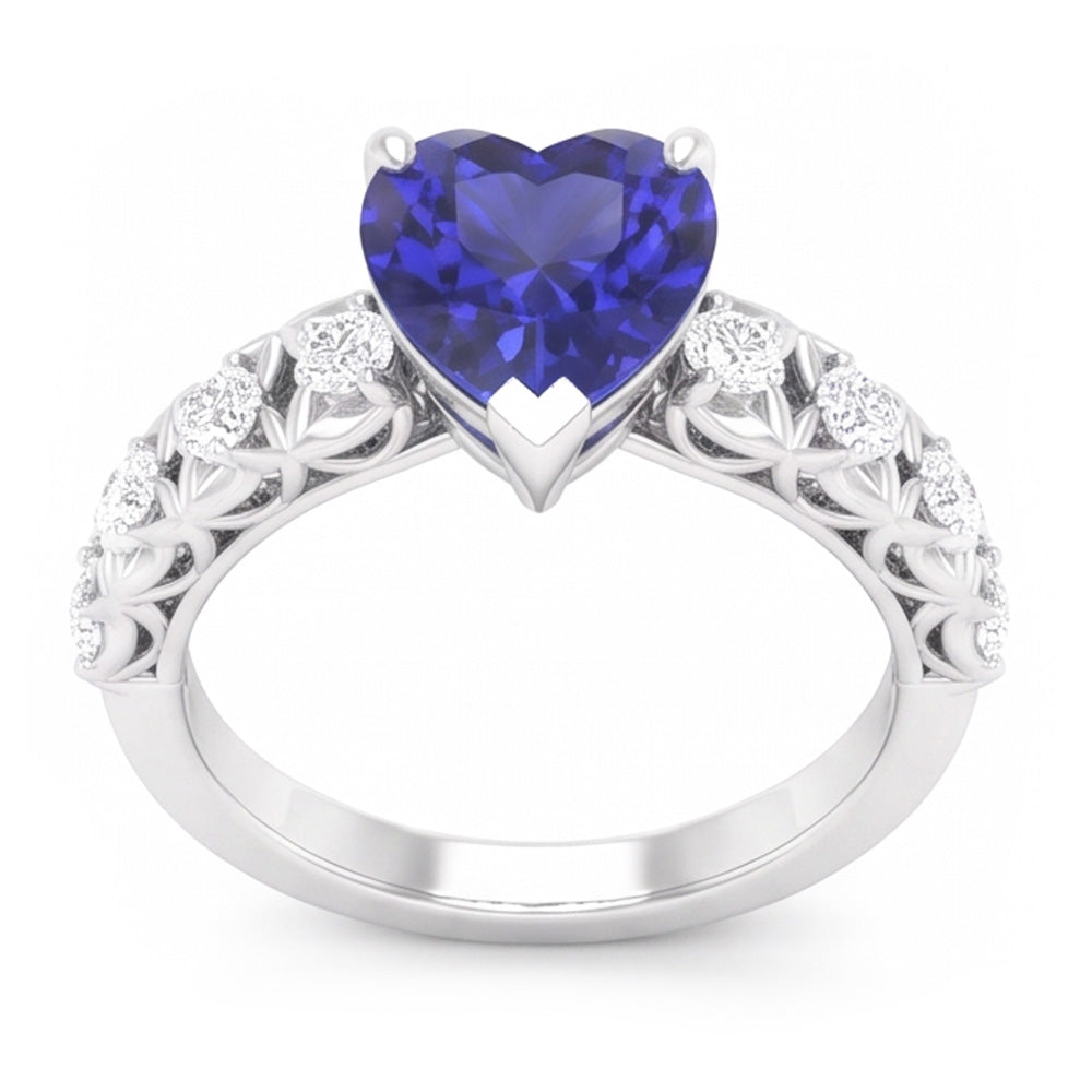 Round Natural Earth Mined Diamond Ring Heart Cut Sri Lankan Sapphire 2 Carats With Accents
