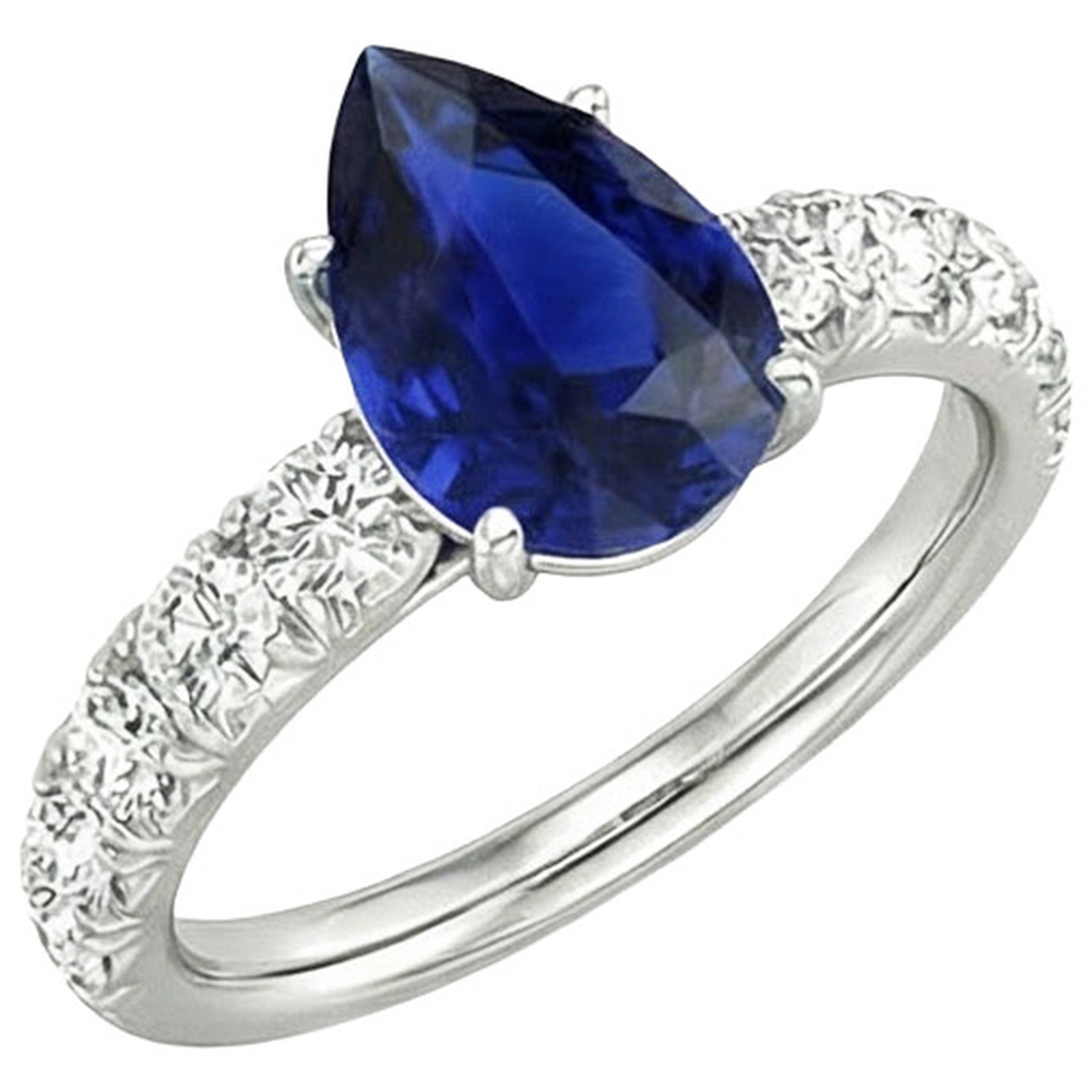 Round Natural Earth Mined Diamond Ring Jewelry Pear Shaped Sri Lankan Sapphire 4.50 Carats