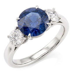 Round Natural Earth Mined Diamond Three Stone Blue Sapphire Ring 2.25 Carats